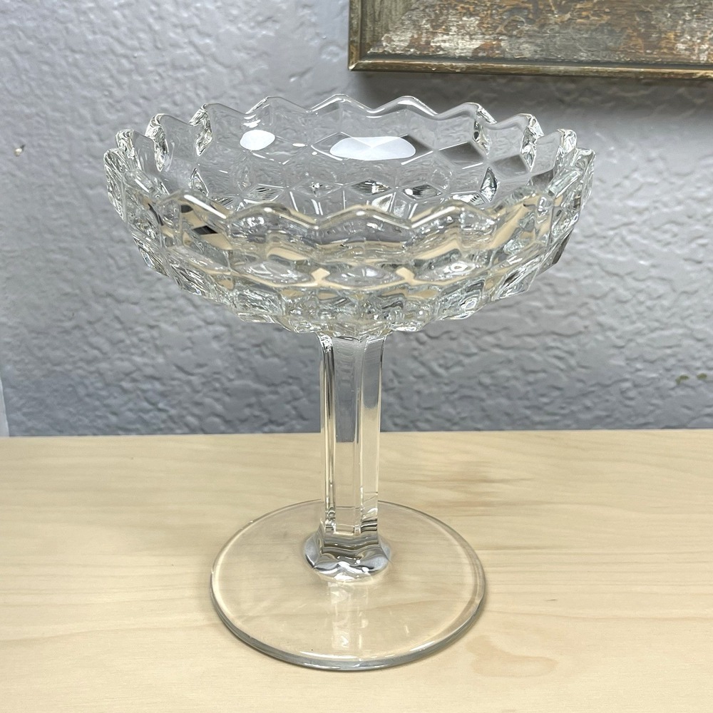 Vintage Fostoria American Cubist 6" Clear Glass Pedestal Candy Dish Compote